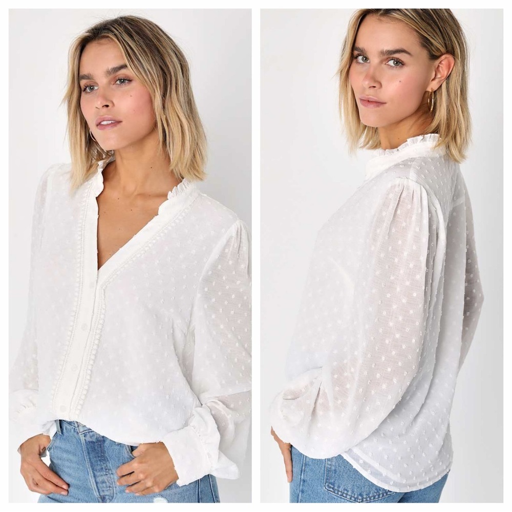 Lulu's Delightful Charm White Swiss Dot Button-Up Long Sleeve Top - Picture 1 of 5